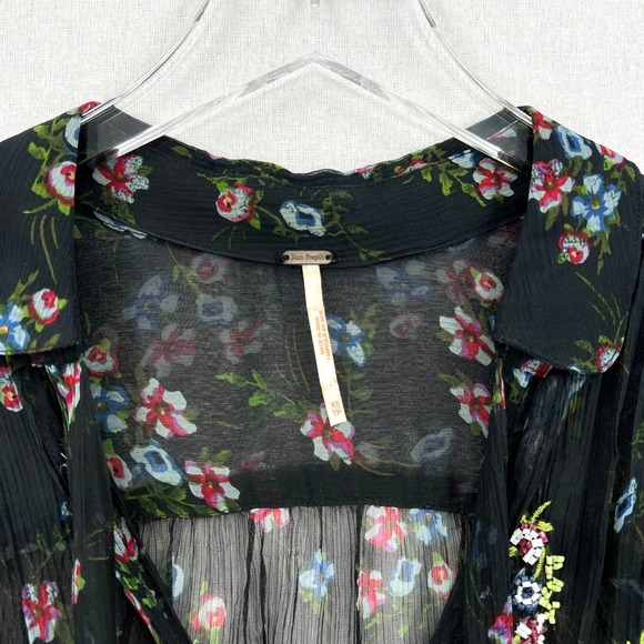 FREE PEOPLE Buttercup Embellished Button Down Top Womens XS Black Sheer Floral - Picture 8 of 12